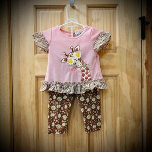 Rare Editions Pink Giraffe Outfit W/ Floral Pants 12 Months